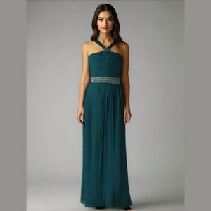 Vintage floor length Grecian dress turquoise beaded waist a-line halter top